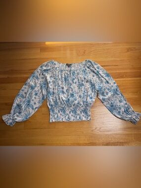 Aakaa White Peasant Blouse with Blue Floral Print